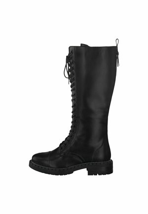 Schwarze Lederstiefel bis zum Knie mit Schnürverschluss, runder Zehenform und strukturiertem Seitenpaneel. Besitzt eine robuste, profilierten Sohle und eine Zuglasche.