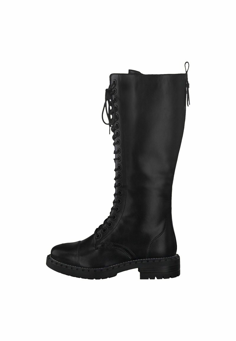 Black leather knee-high boots with lace-up front, round toe, and textured side panel. Features a sturdy treaded sole and pull tab.