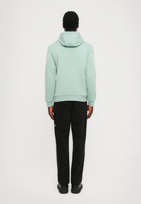 Light green hoodie with a drawstring hood, paired with black jeans. The hoodie features ribbed cuffs and hem, with a minimalist design.