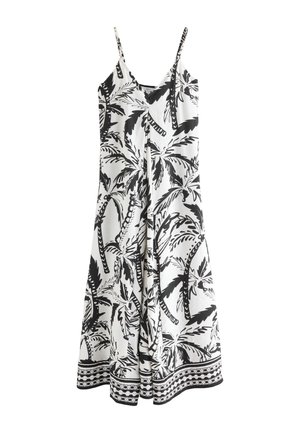 Robe midi blanche sans manches avec imprimé noir de palmiers et ourlet à motifs, avec fines bretelles et décolleté en V.