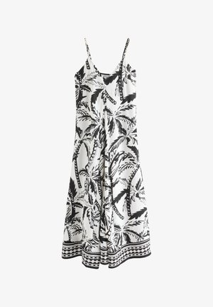 Robe midi blanche sans manches avec imprimé noir de palmiers et ourlet à motifs, avec fines bretelles et décolleté en V.