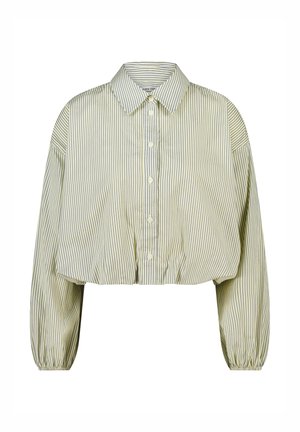 Camisa corta en verde claro con rayas azul marino, presenta un cuello puntiagudo, cierre de botones al frente y puños elásticos en mangas abullonadas.