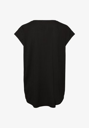 Sort top med korte ærmer og afslappet pasform, med rund halsudskæring og buet kant for en flydende silhuet. Glat, letvægtsstof.