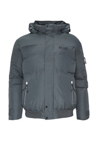 Grijze pufferjack met hoge kraag, frontale rits, twee zijzakken en elastische manchetten. Bevat een zwart logo op de bovenste linkerkant.