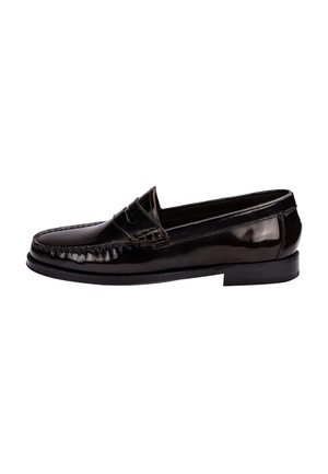 Black glossy leather men's loafer with penny strap detail and low stacked heel, shown in side profile.