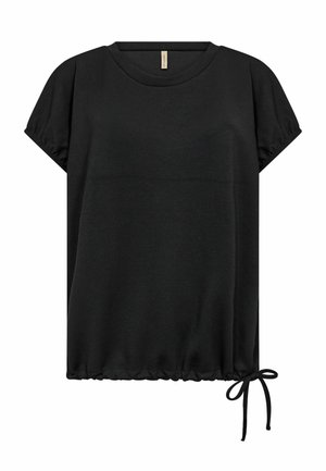 Blusa nera a maniche corte con scollatura arrotondata e coulisse regolabile sull'orlo sul lato destro.