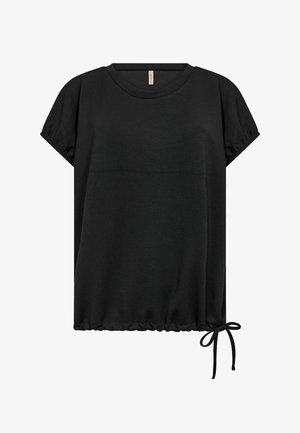 Blusa nera a maniche corte con scollatura arrotondata e coulisse regolabile sull'orlo sul lato destro.