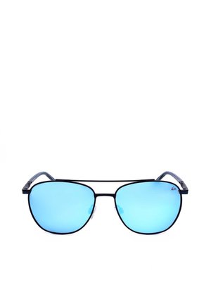 Occhiali da sole con montatura in metallo nero e lenti riflettenti di un azzurro brillante, con design a doppio ponte.