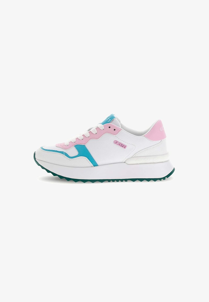 Sneaker bianca con dettagli rosa e teal, pannelli testurizzati, punta arrotondata, suola in gomma con battistrada a zigzag e logo sui lati e sul tallone.