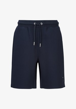 Marineblaue Freizeithose mit elastischem Bund, verstellbarem Kordelzug und kleinem Logo-Patch nahe dem linken Saum.