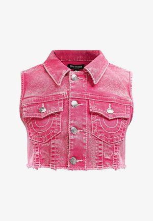 Krótka kamizelka z dżinsu w jaskrawym różowym kolorze, z przetartą fakturą, srebrnymi zatrzaskami, dwiema kieszeniami z przodu i postrzępionym dołem.