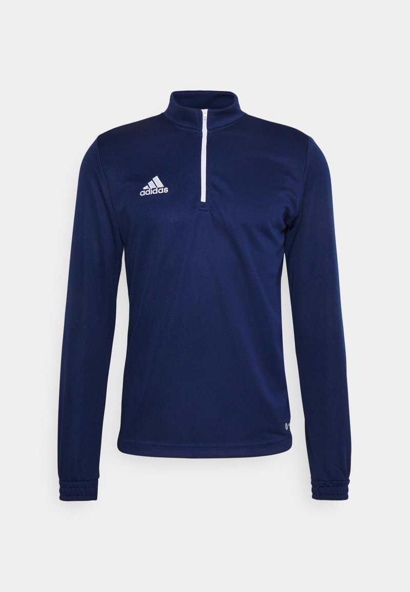 Marineblauw langemouwen kwart-rits top van gladde stof, met een witte rits en een Adidas-logo op de linkerborst.