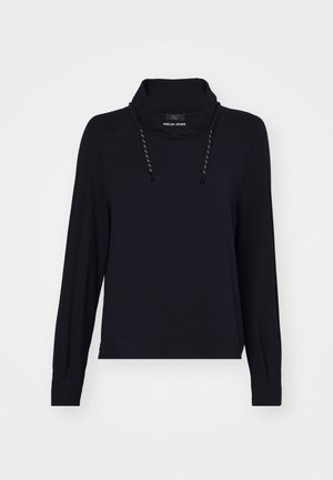 Black long-sleeve sweatshirt with a cowl neck, featuring drawstrings and a relaxed fit. Soft material, simple design, and no visible patterns.
