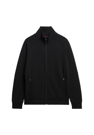 Black zip-up jacket with a high collar, raglan sleeves, two side pockets, and soft textured fabric. Minimalist design without patterns.