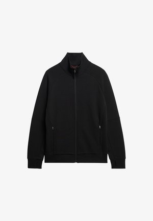 Zwarte ritsjack met een hoge kraag, raglanmouwen, twee zijzakken en een zachtheid van het textiel. Minimalistisch ontwerp zonder patronen.
