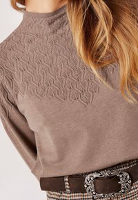 Brauner Strickpullover mit einem strukturierten Muster im oberen Bereich, ausgestattet mit einem hohen Kragen. Kombiniert mit einem braunen Gürtel und karierten Hosen.