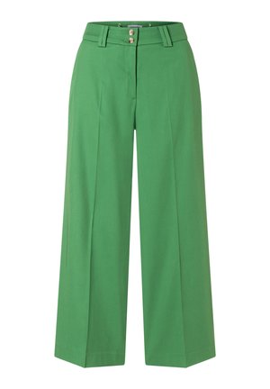 Pantalon vert taille haute à jambes larges, avec passants pour ceinture, plis devant et fermeture à double bouton à la taille.