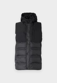 Svart ermeløs puffer vest med hette, featuring en glatt øvre del, kviltet nedre del, frontglidelås og trykknapper.