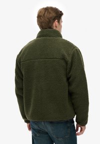 Donkergroene fleecejas met een hoge kraag en gestructureerde stof, voorzien van een rechte snit en volledige rugbedekking. Draagt over een blauwe jeans.