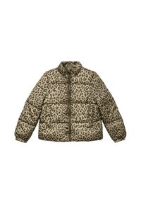 Giacca imbottita beige con stampa leopardata. Presenta un colletto alto, chiusura con zip e due tasche frontali. I polsini elastici migliorano la vestibilità.
