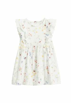 Weißes Baby-Kleid mit pastellfarbenem Blumenmuster, gerafften kurzen Ärmeln und rundem Ausschnitt.
