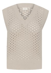 Pull sans manches beige clair avec un col en V, comportant un motif texturé de trous ouverts et des bords côtelés. Fabriqué en matériau tricoté.