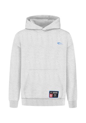 Světle šedá mikina s kapucí, která má přední kapsu, žebrované manžety a modré logo blízko výstřihu, s označenou textilní nášivkou na lemu.