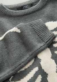 Grå strikket sweater med ribbet halsudskæring og manchetter. Har et cremefarvet abstrakt mønster, der viser en blød tekstur og holdbart stof.