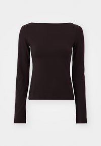 Top nero a maniche lunghe con scollatura dritta, realizzato in un tessuto liscio, caratterizzato da un design aderente e privo di ulteriori motivi o decorazioni.