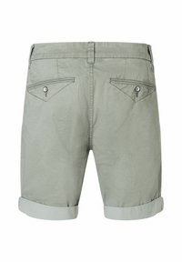 Helle graue Baumwollshorts mit glatter Textur, umgeschlagenen Säumen und zwei knöpfbaren Gesäßtaschen mit schrägen Klappen.