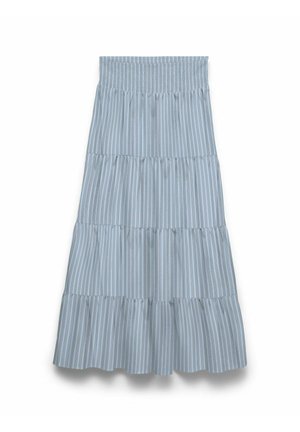 Light blue tiered skirt with vertical white and darker blue stripes, elastic waistband, and ruffled hem.