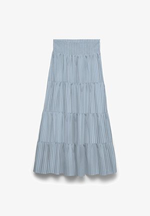 Light blue tiered skirt with vertical white and darker blue stripes, elastic waistband, and ruffled hem.