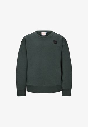 Ciemnozielona bluza z miękkiego materiału, z prążkowanym dekoltem i mankietami. Zawiera małą czarną naszywkę z logo z przodu.