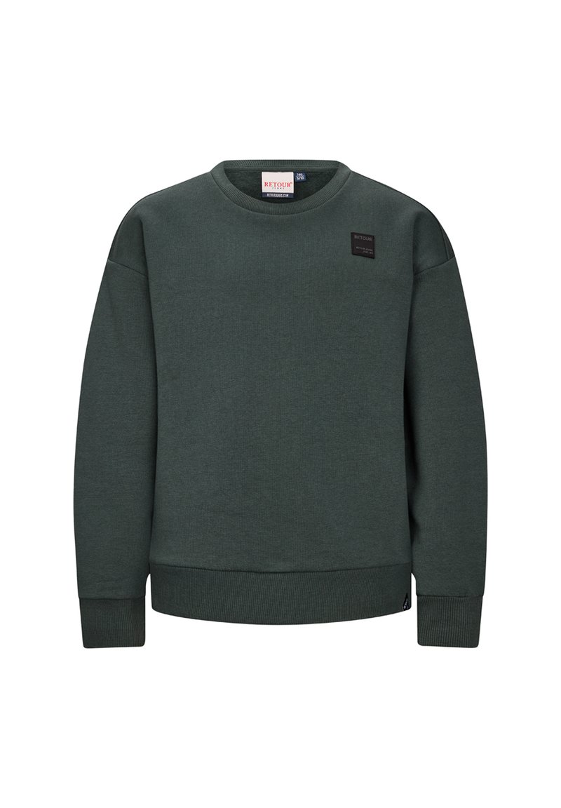 Felpa verde scuro realizzata in tessuto morbido, con colletto e polsini a costine. Include una piccola etichetta nera del marchio sul davanti.