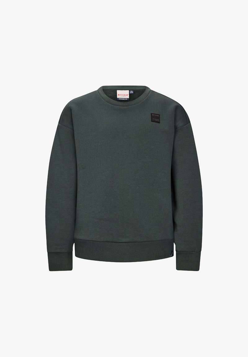 Felpa verde scuro realizzata in tessuto morbido, con colletto e polsini a costine. Include una piccola etichetta nera del marchio sul davanti.