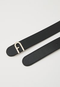 Black leather belt with a textured finish and a gold metal buckle shaped like the letter "A." Adjusting holes are present along the strap.
