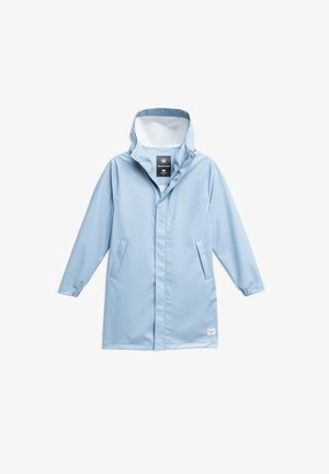 Light blue waterproof raincoat made of smooth fabric, featuring a hood, snap button closure, and two side pockets.