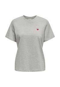 Graues Baumwoll-T-Shirt mit kurzen Ärmeln und Rundhalsausschnitt, das auf der linken Seite der Brust ein kleines rotes gesticktes Herz zeigt.