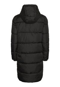 Giacca a vento nera con cappuccio, caratterizzata da un design trapuntato, maniche lunghe e un taglio di lunghezza media. Tessuto liscio con un aspetto elegante.