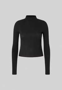 Fekete, hosszú ujjú, garbós felső bordás anyagból, szoros szabással és magas nyakkivágással. Nincs látható logó vagy minta.