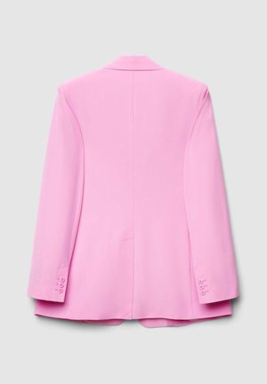 Pink blazer with a structured design, notch lapels, long sleeves, and buttoned cuffs. Smooth texture with two side pockets and a back vent.