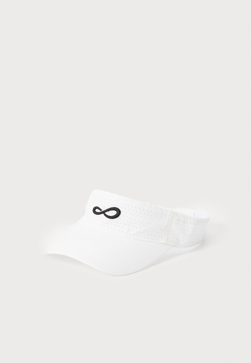 Hvid skyggehue med et perforeret bånd og et sort uendelighedssymbol broderet foran. Blødt, let materiale med en buet skygge.