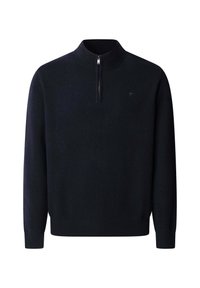 Dunkelblauer Halbzip-Pullover aus weichem, strukturiertem Material. Mit einem gerippten Kragen und Bündchen sowie einem kleinen Logo auf der Brust.