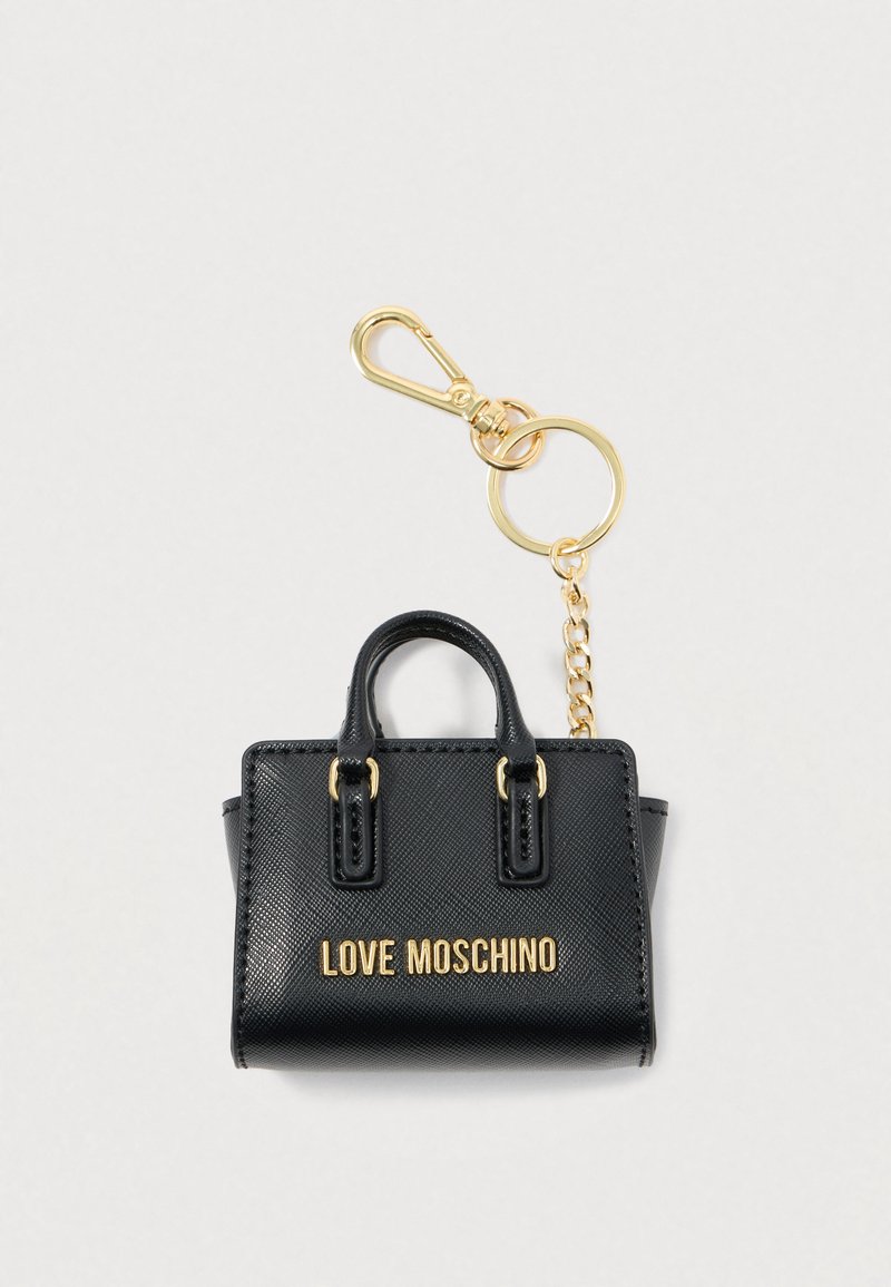 Borsa mini sintetica nera con hardware dorato, marchiata "LOVE MOSCHINO," dotata di doppi manici e attacco per portachiavi.