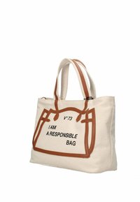 Sac en toile beige avec des accents en cuir marron. Comprend le texte "JE SUIS UN SAC RESPONSABLE" et un design structuré avec deux poignées courtes.