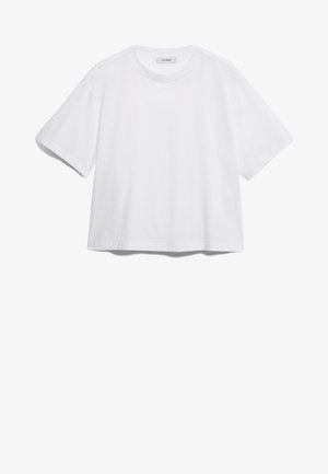 White cotton t-shirt with short sleeves, round neckline, relaxed fit, and no visible patterns or graphics. Smooth texture and simple design.