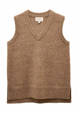 Brauner ärmelloser Strickpullover mit V-Ausschnitt, gerippten Kanten und seitlichen Schlitzen für mehr Bewegungsfreiheit. Weiche Textur, aus Wollmischung gefertigt.