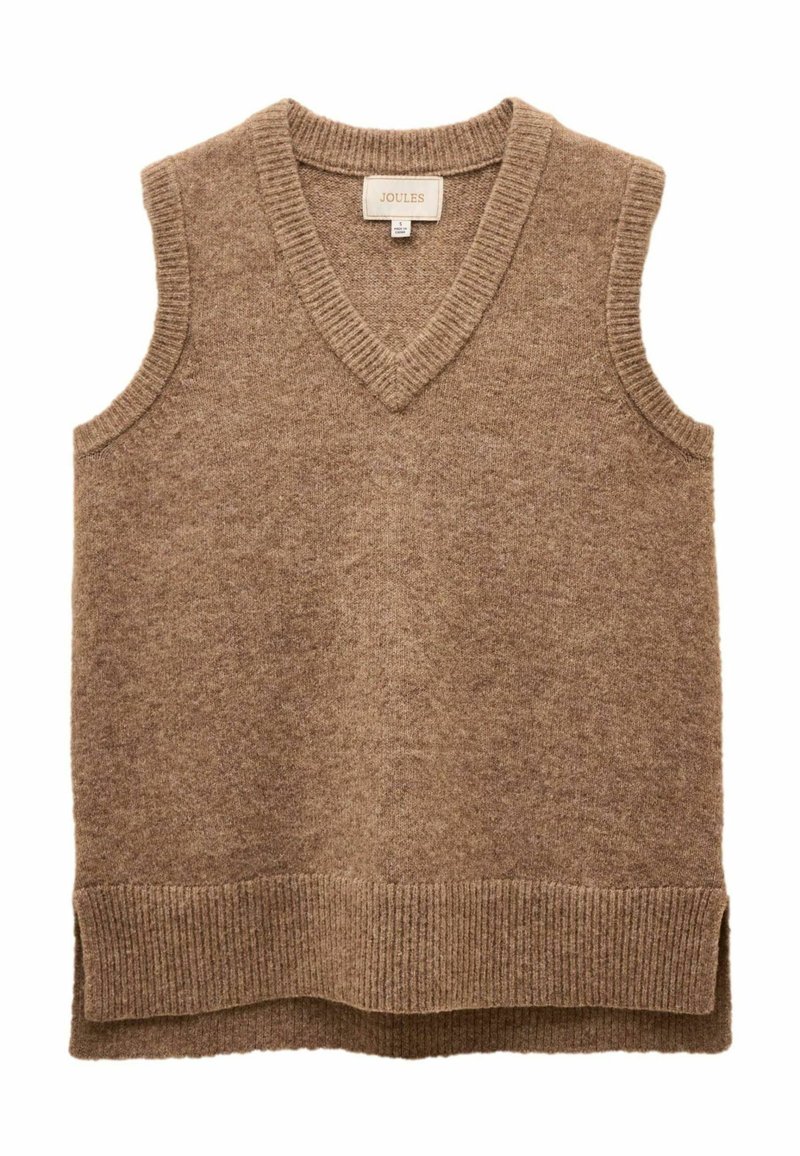Pruun ilma varrukateta kudumiste vest V-kaelusega, soonikservadega ja külgsisestuse avadega mugavuse suurendamiseks. Pehme tekstuur, valmistatud villasegistustest.