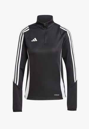 Schwarzes sportliches Langarmoberteil mit einem Reißverschluss am Kragen, ausgestattet mit weißen Streifen an den Schultern und dem Text "AEROREADY" am Saum.