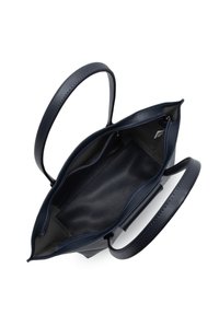 Sac fourre-tout en cuir bleu marine avec doubles poignées, offrant un intérieur spacieux et un compartiment zippé, texture lisse et coutures contrastées.